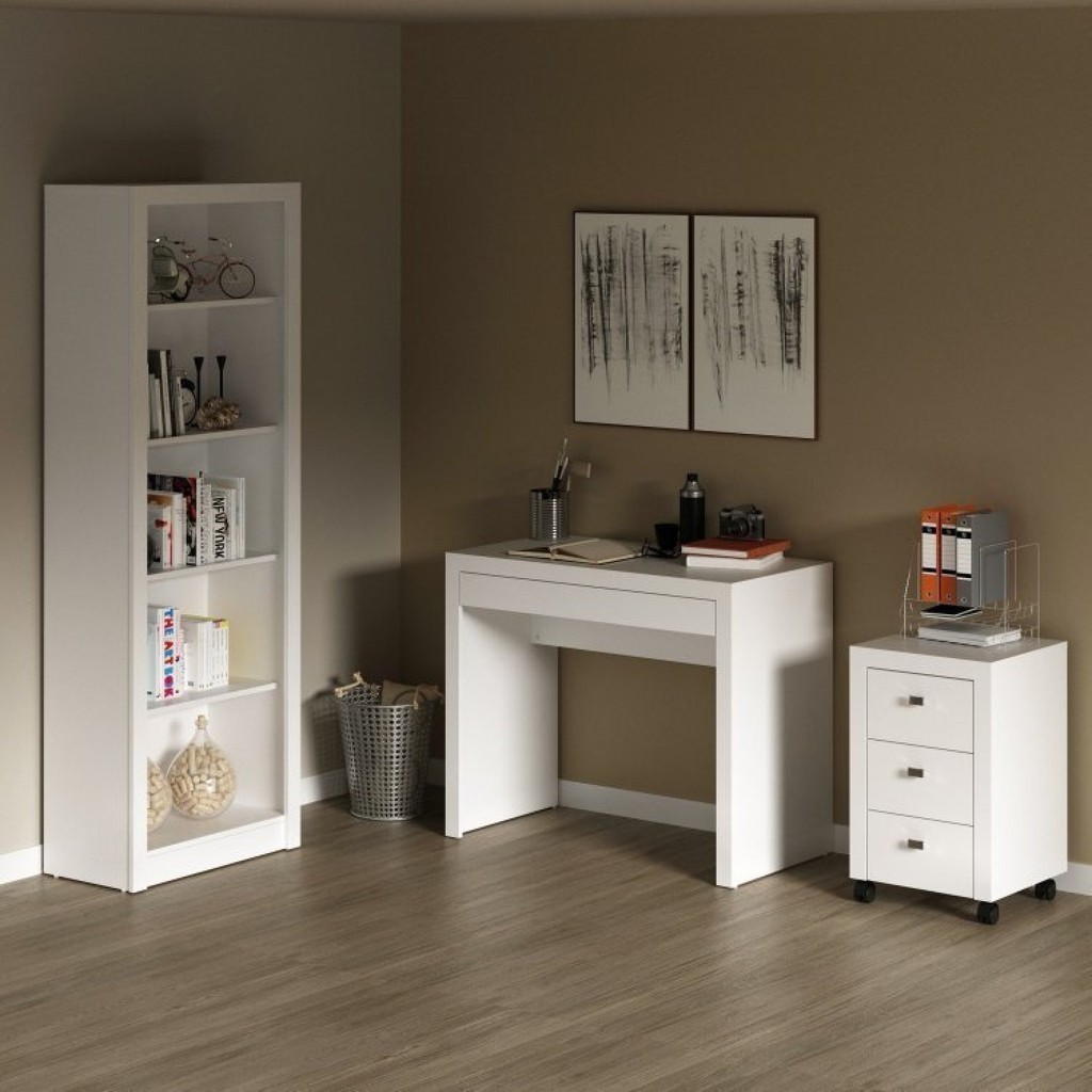 Conjunto 3 Peças com Escrivaninha 1 Gaveta, Estante Livreiro e Gaveteiro 3 Gavetas Branco Branco