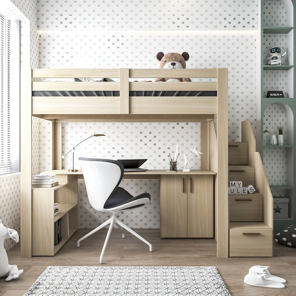 Cama Alta Infantil/Juvenil Star Plus Office Multifuncional Casatema Natural - Mom & Baby