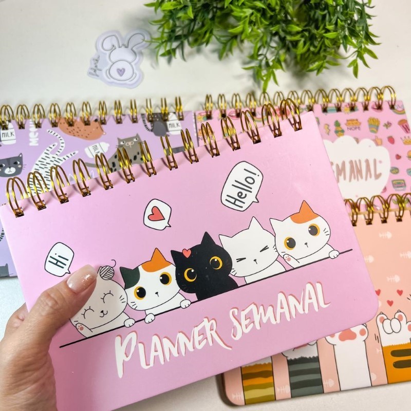 Planner Semanal Nao Datado Permanente Patinha Gato Cactus Agenda Espiral Organizador Mesa Compacto