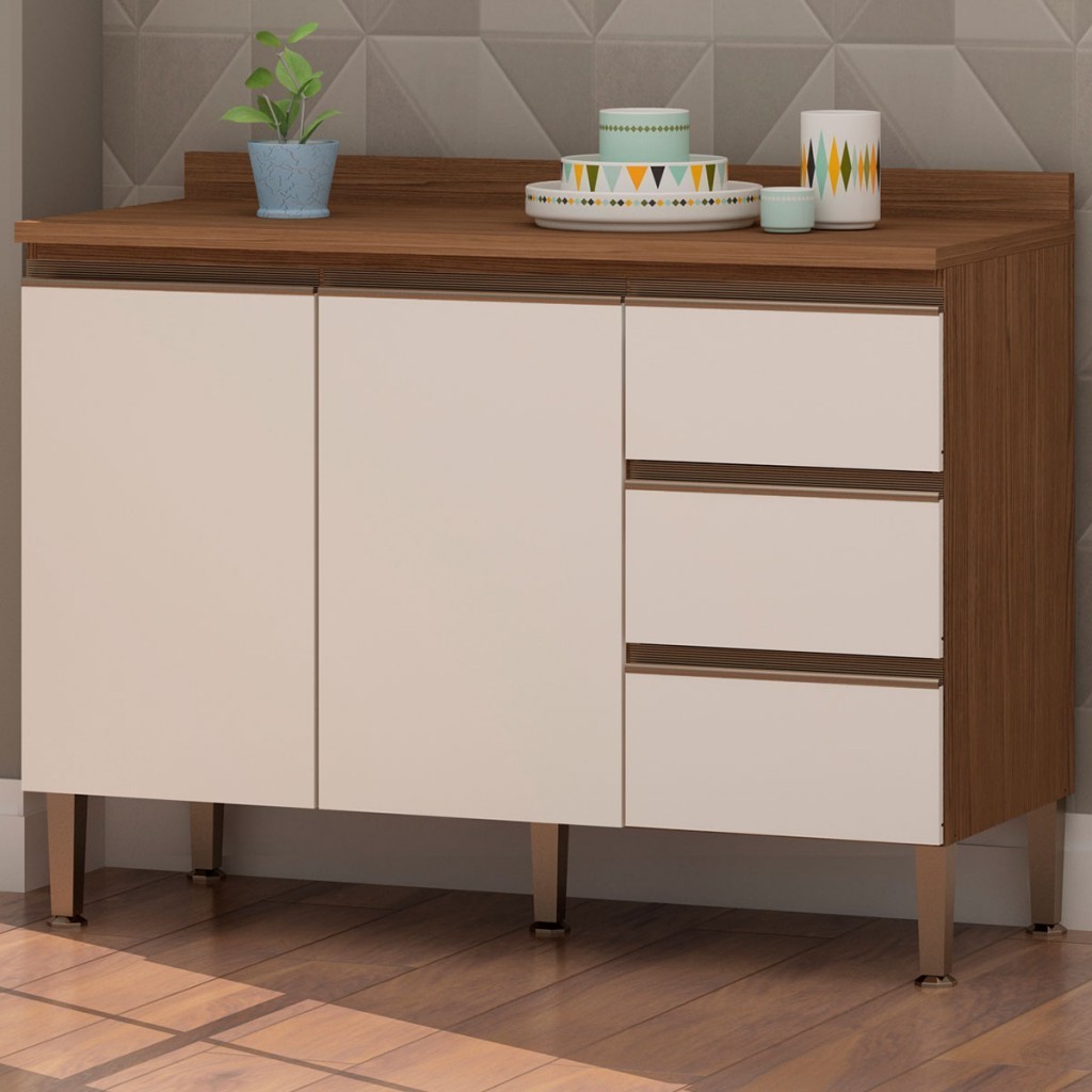 Balcão de Cozinha 2 Portas 3 Gavetas Ebano Fosco/Off White Fosco 1303m - Genialflex - Home & Living