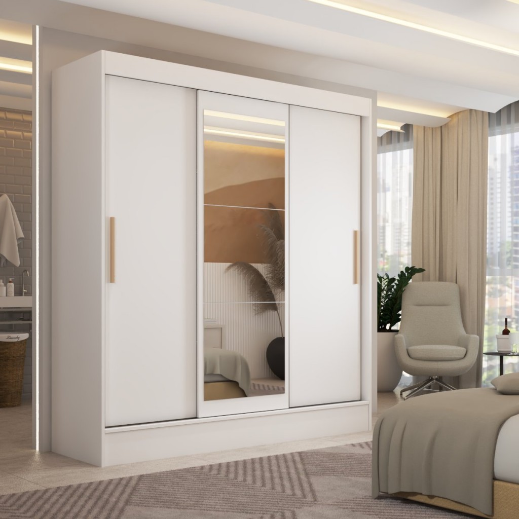 Guarda-Roupa Solteiro Dallas 3 Portas de Correr 2 Gavetas Branco - Panorama Móveis em Oferta na Shopee