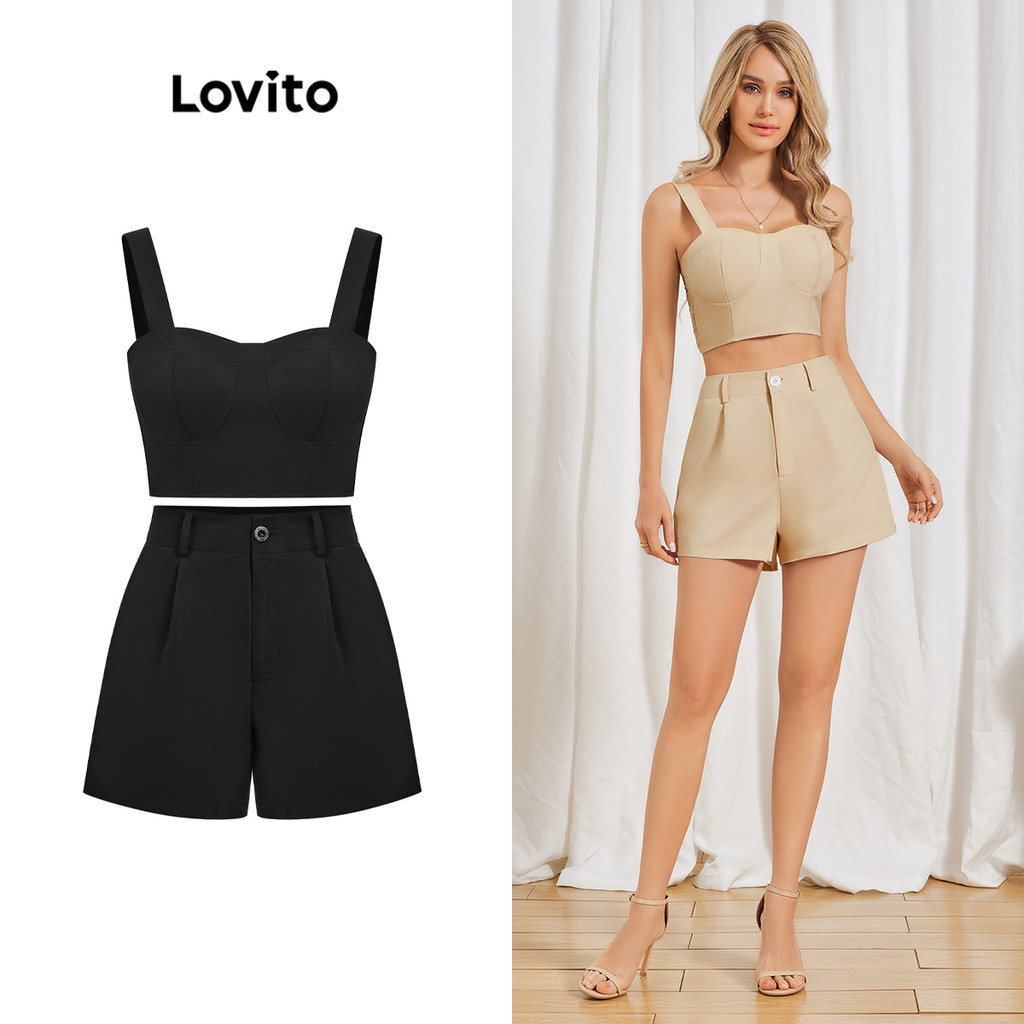 Lovito Conjunto de Shorts com Zíper e Linhas de Estrutura para Mulheres LBL06054 (Caqui Claro)