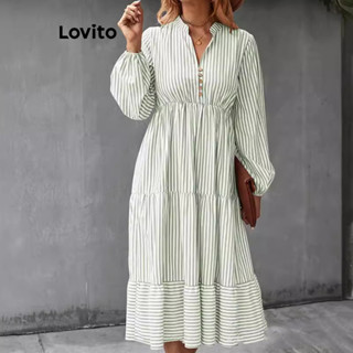 Lovito Vestido casual listrado com babados e botões para mulheres LNL53008