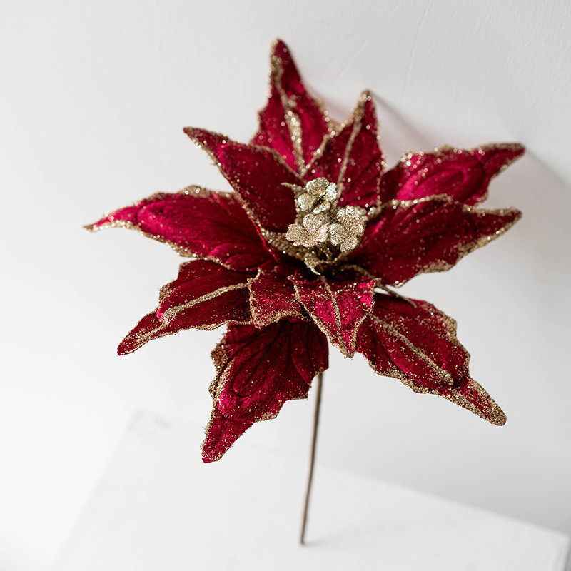 28cm Flor de Natal Vermelha Sequenciada Flor de Natal High-End Sticky Pink Christmas Flower Simulação Flor de Natal Golden Champagne Christmas Flower Vinho Tinto Decoração de Natal Flor de Natal Árvore de Natal Decoração