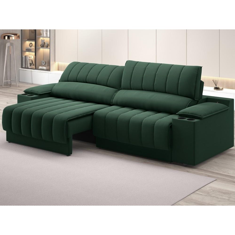 Sofá com Porta Copos Carregador USB Ret Rec Murano 2,50m Velosuede Verde - NETSOFAS em Oferta na Shopee