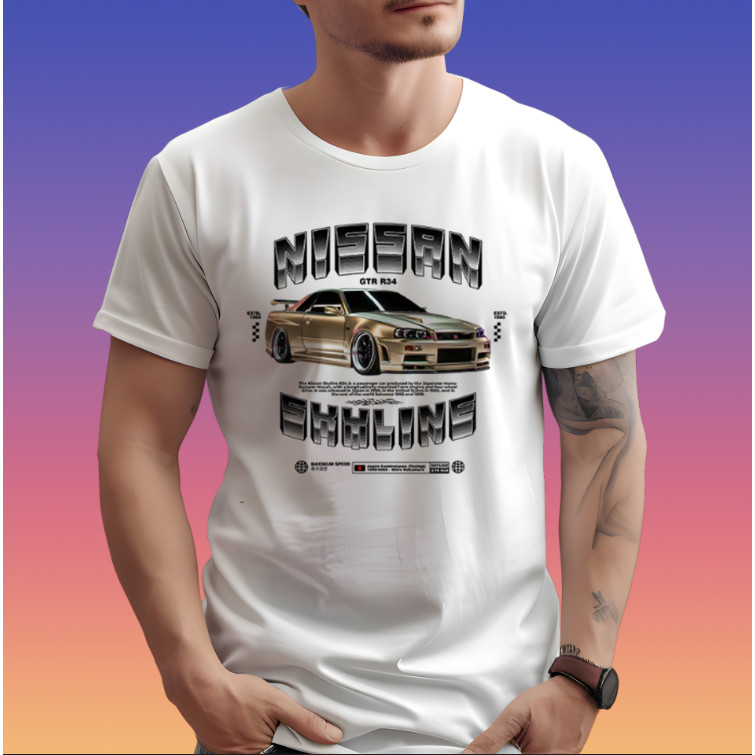 Gold Edition Nissan GTR Camisa Blusa Estilo Corrida Carro R-34 Camiseta Algodão Masculina