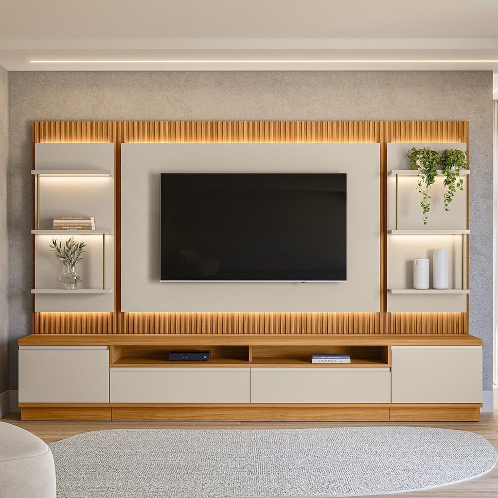 Rack com Painel para TV até 70 Polegadas com Ripado e LED 297cm São Paulo 297 - Home & Living