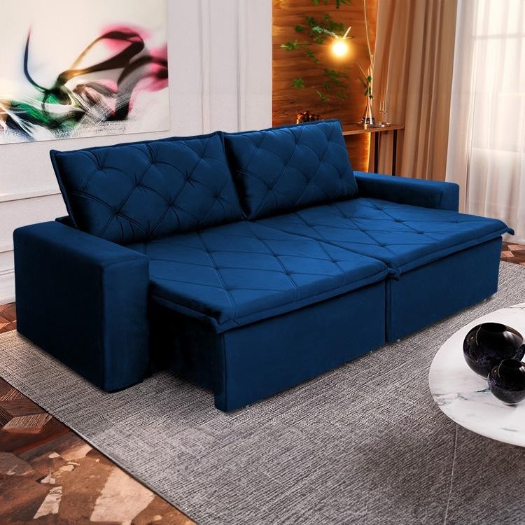 Sofá Cama Bangkok Sem Caixa 3,00m Retrátil e Reclinável Com Molas Velut Azul- King House