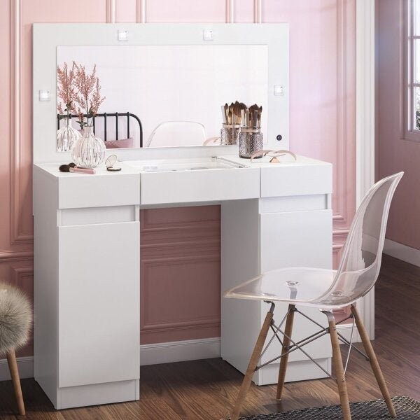 Penteadeira Camarim com Espelho 3 Gavetas Studio Branco em Oferta na Shopee