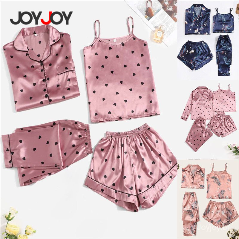 Joyjoy Conjunto de Pijama de Cetim com 4 Peças Feminino – Sexy, Manga Longa, Shorts e Regata