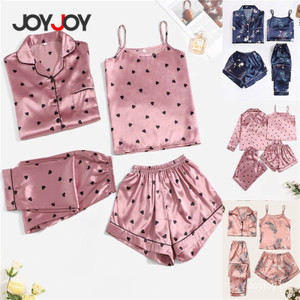 Joyjoy Conjunto de Pijama de Cetim com 4 Peças Feminino – Sexy, Manga Longa, Shorts e Regata