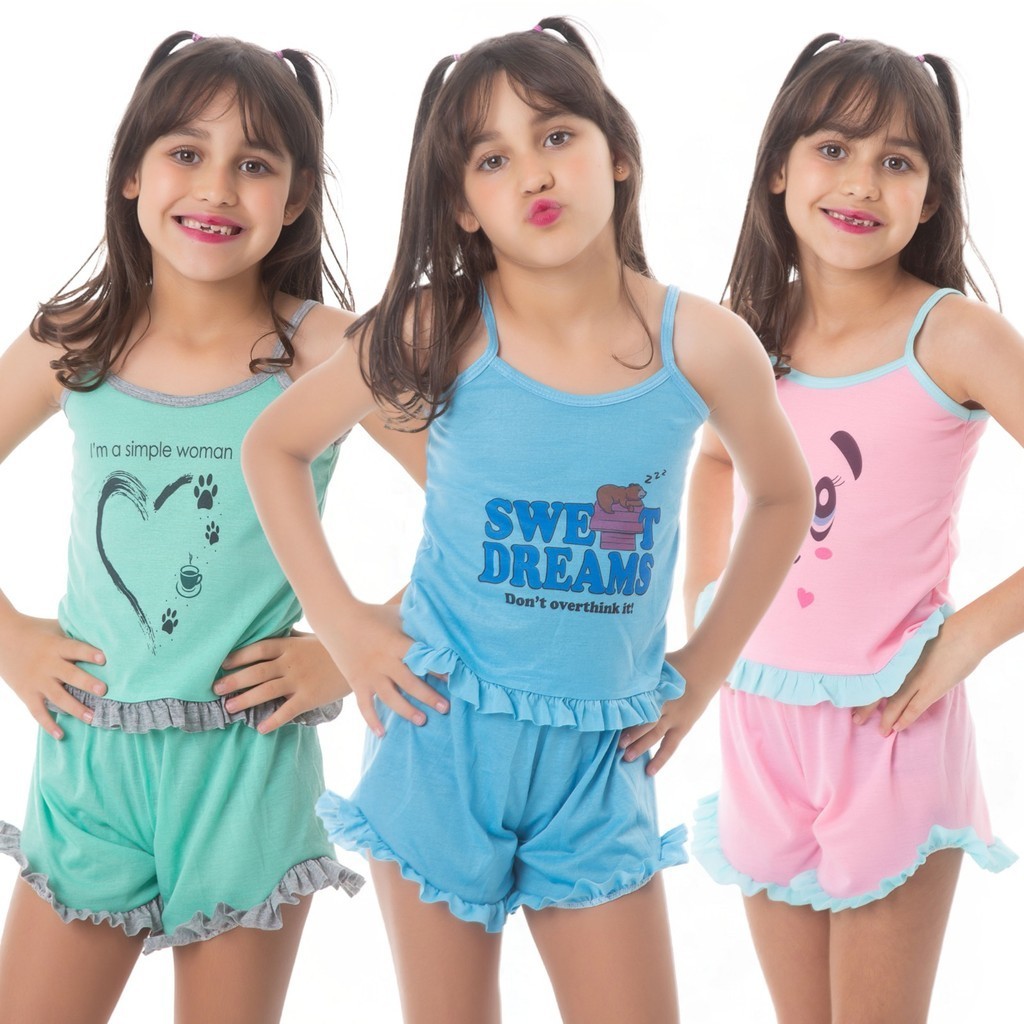 Kit 3 Pijama INFANTIL Baby Doll Estampado Personagens Short Doll MALHA em Oferta na Shopee