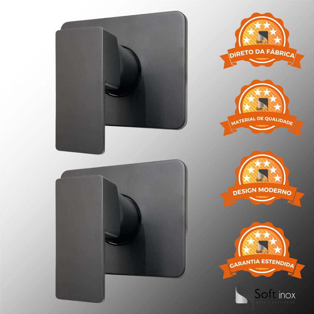 Kit 2 Acabamento Para Registro Monocomando Chuveiro Quadrado Padrão Base Docol Metal Preto Fosco Lux