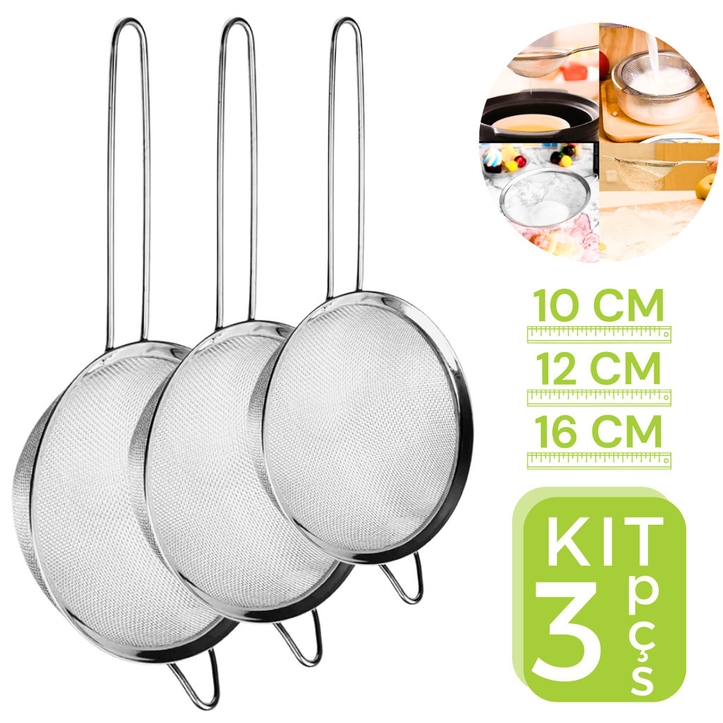 Kit 3 Peneira 10cm 12cm 16cm Coador Manual Em Aço Inox Para Cozinha em Oferta na Shopee
