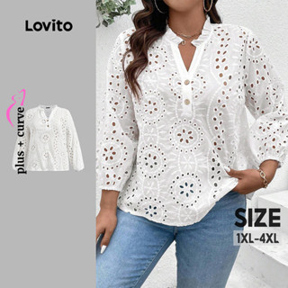 (Trendy) Lovito Blusa Plus Size Boho com ilhós lisos e botões bordados para mulheres LBL22272 em Oferta na Shopee