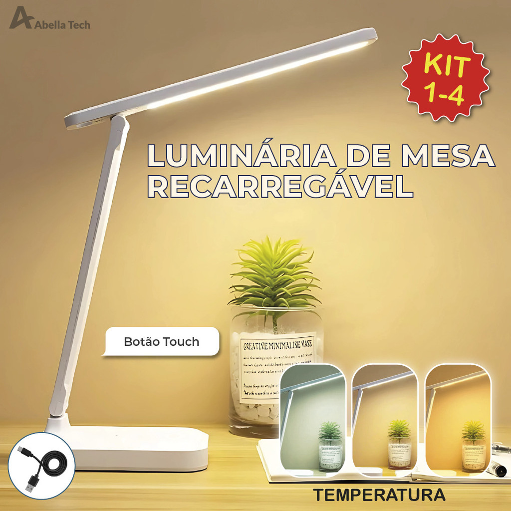 Luminária de Mesa Abajur Led Ajustável Botão Touch 3 Tons de Luz Recarregável USB Bivolt