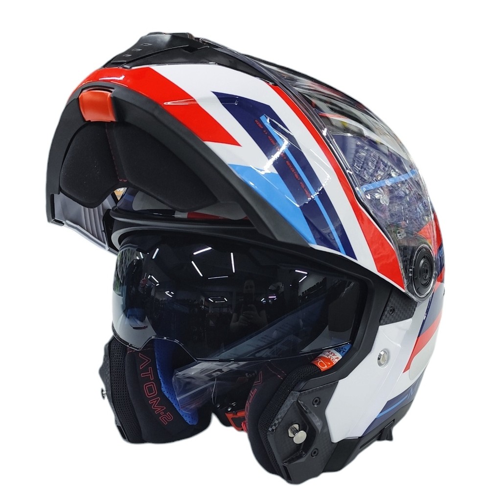Capacete MT Helmets Atom 2 Alkaline F0  Branco Azul Vermelho Brilho Escamoteável Articulado Robocop