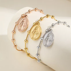 Vnox Virgem Maria Jesus Cruz Pulseira Para Mulheres , Ouro 18k Inoxidável Frisado Corrente De Cobra Não Manchada , Joias