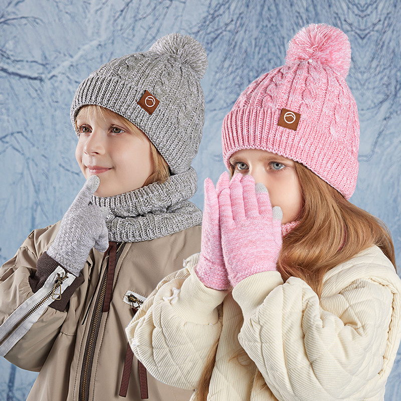 3pc Crianças Chapéu De Inverno Cachecol Luvas Conjunto Unisex Gorro Boné De Malha Proteção De Ouvido Velo Quente Meninos