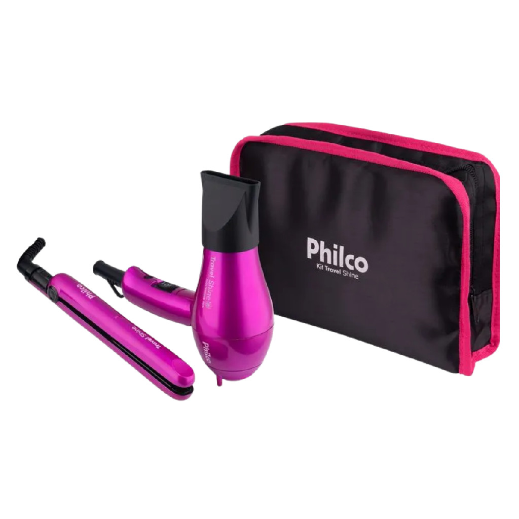 Kit Travel Shine Rosa Prancha + Secador Bivolt Philco