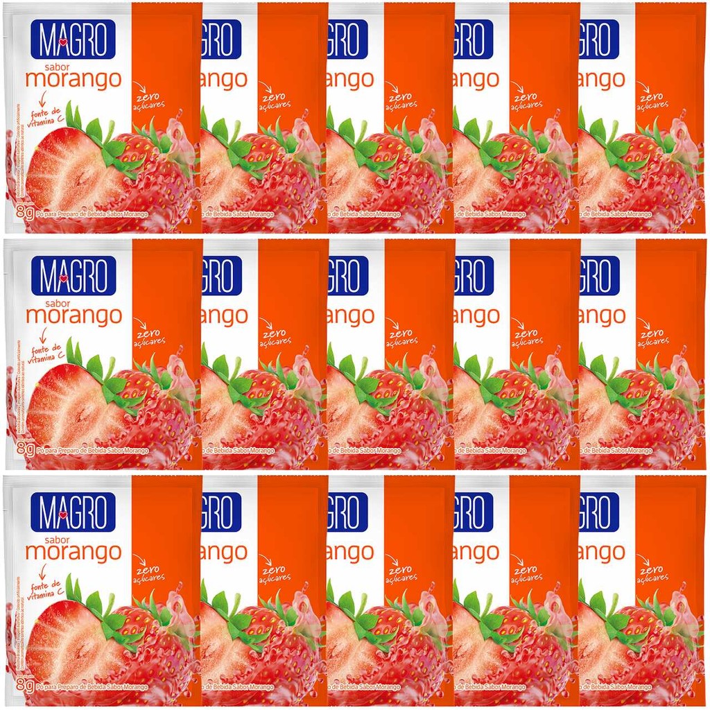 Kit com 15 Unidades de Refresco Magro Sabor Morango Zero Açúcares, vitamina C, com polpa de fruta 8g