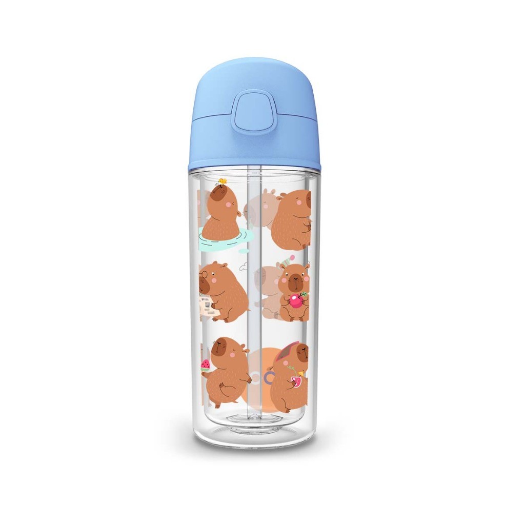 Garrafa Squeeze Termica 270ml Infantil Parede Dupla Canudo Silicone Agua Gelada Capivara Fofinha