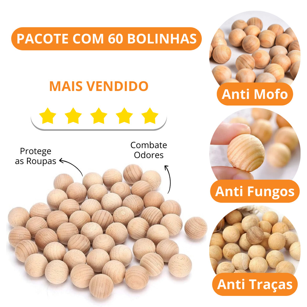 Pacote 60 Bolinhas de Cânfora Cedro 2cm Anti Mofo, traça, fungos e bolor - Original Lyor
