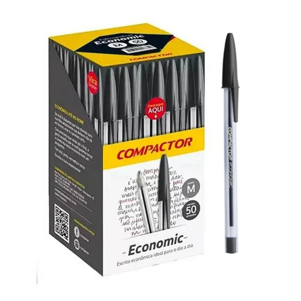Caixa Com 50 Canetas Esferográfica 1.0mm Preta Compactor