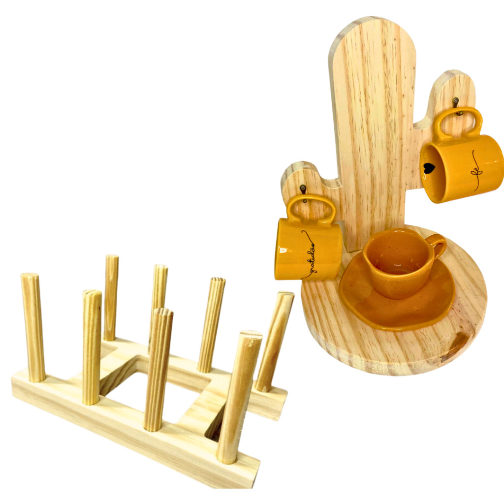 Kit Suporte de Tábuas+ Porta Xícara Cacto de Madeira