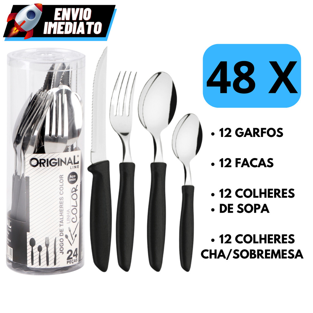 Kit 48 Talheres Preto Inox Premium Cabo Plástico 12 Faca 12 Garfo 12 Colher 1...