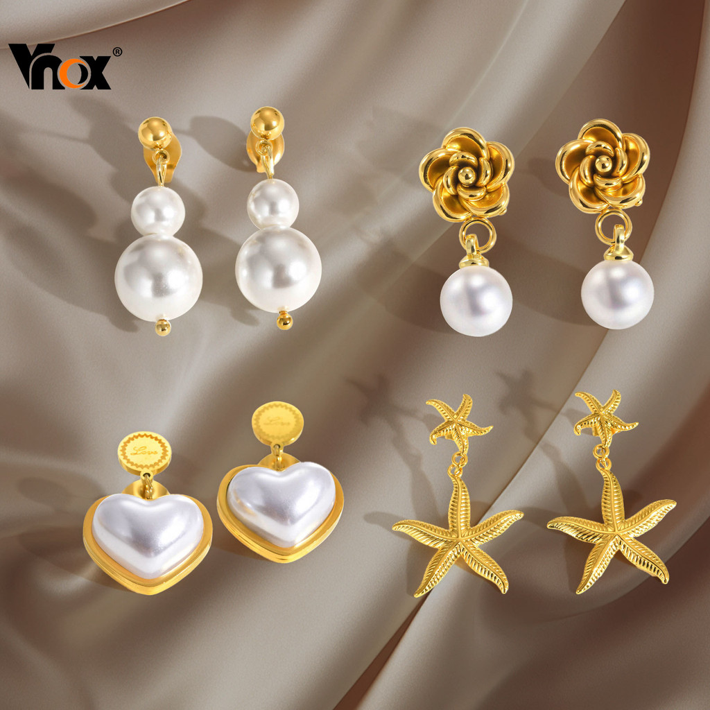 Vnox 18k Ouro Luz Luxo Temperamento Pérola Brincos Para Mulheres , Hipoalergênicos E Que Não Desbotam , Presentes Criati em Oferta na Shopee