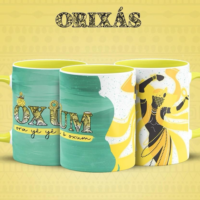 Caneca de Cerâmica Personalizada Orixás Oxum Com Alça Amarela