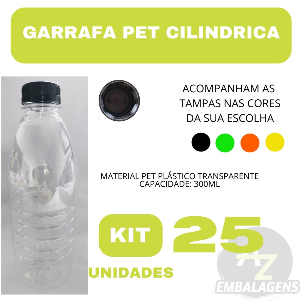 Kit 25 Garrafas PET 300ml com Tampa Colorida  Para Sucos Chás Molhos e Delivery