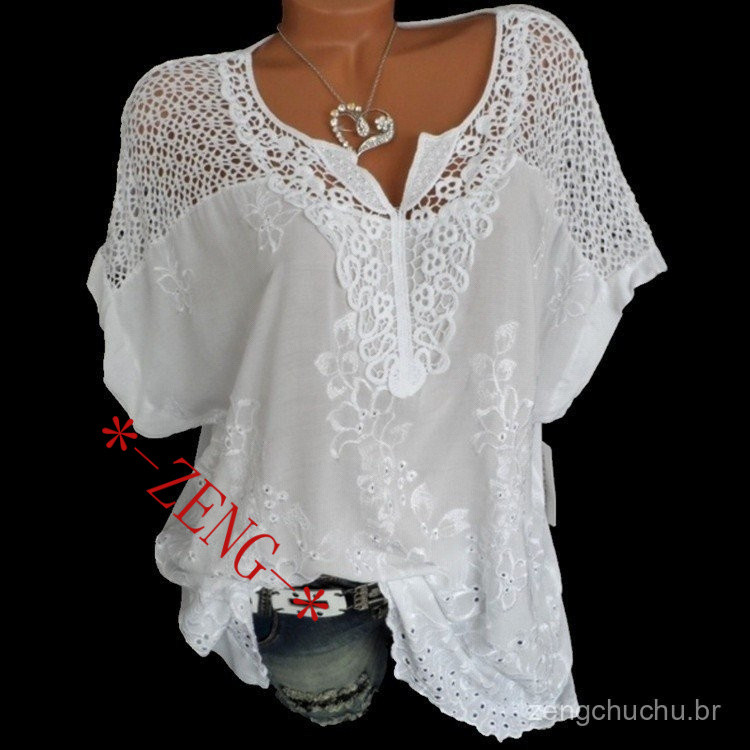 Verão Plus Size Camisa De Remendo De Renda Branca Solta Blusas Femininas 5XL 6XL De Manga Curta Roupas Casuais