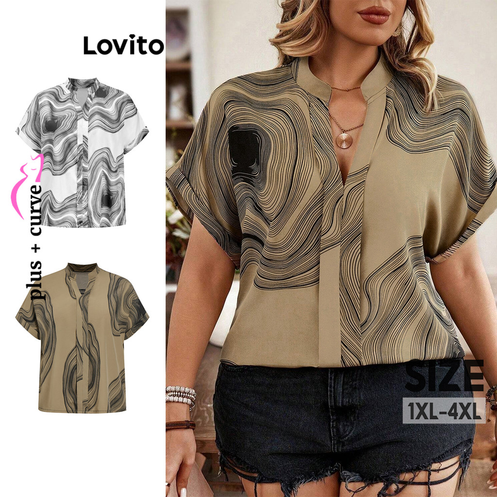 Lovito Blusa Curva Plus Size Casual Com Estampa De Mármore Para Mulheres LBL14370 (Multicolorido) em Oferta na Shopee