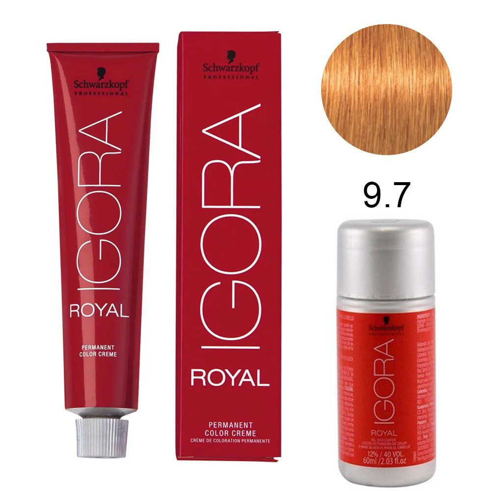 Kit Tintura Schwarzkopf Igora Royal 9-7 Louro Extra Claro Cobre 60g + Água Oxigenada 12% 40 volumes 60ml