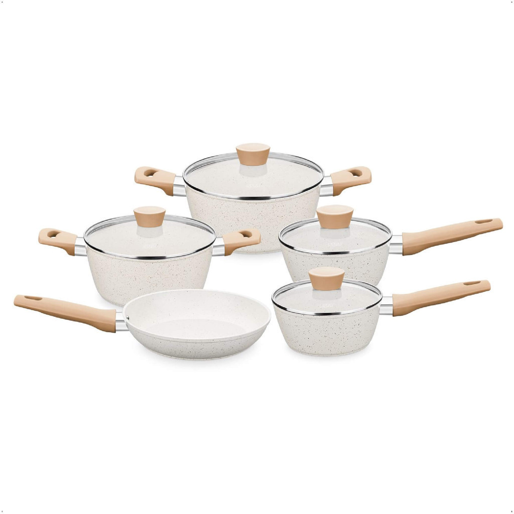 Jogo de Panelas Carmela Vanilla 5 Peças em Alumínio Revestimento Ceramic-Flon cor Creme MTA - 8481 em Oferta na Shopee