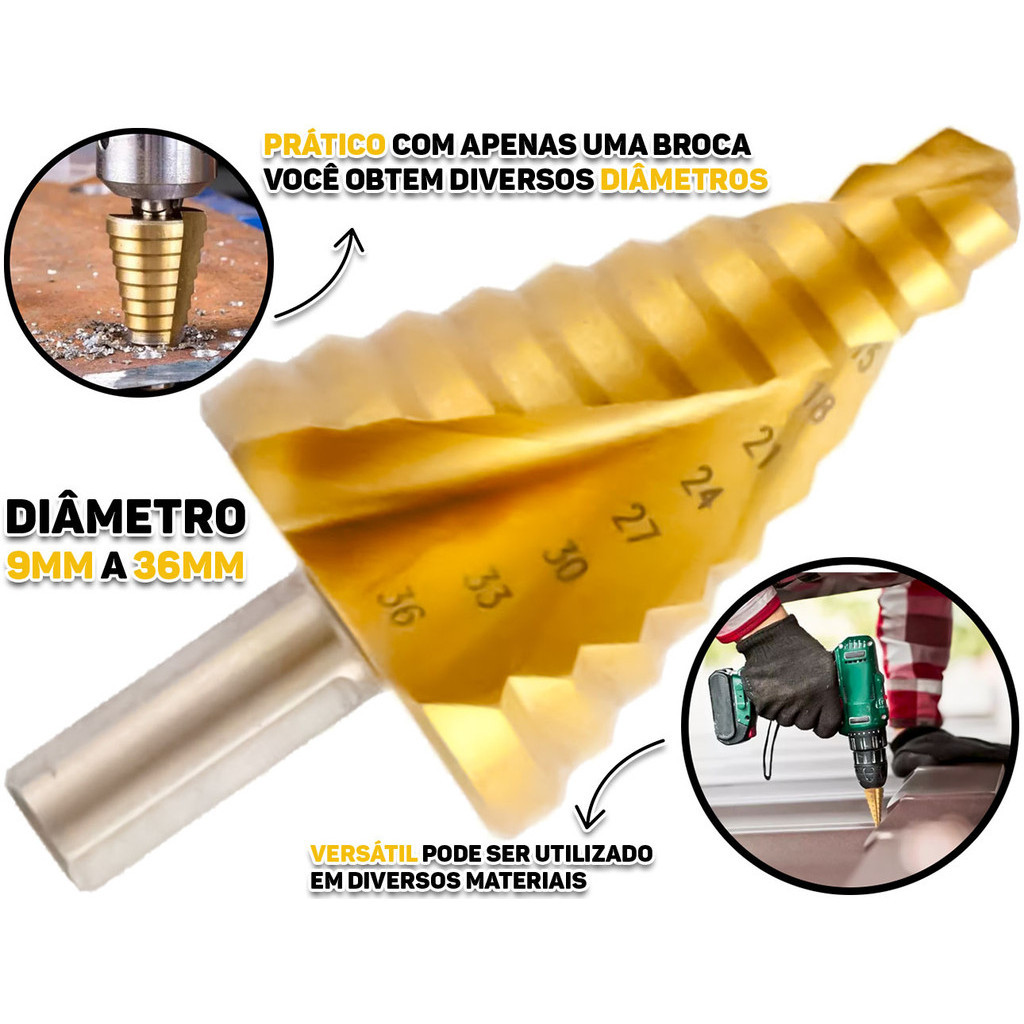 Broca Escalonada Profissional Tipo Cone 9mm A 36mm Aço Rápido E Titânio 10 Etapas Fertak em Oferta na Shopee