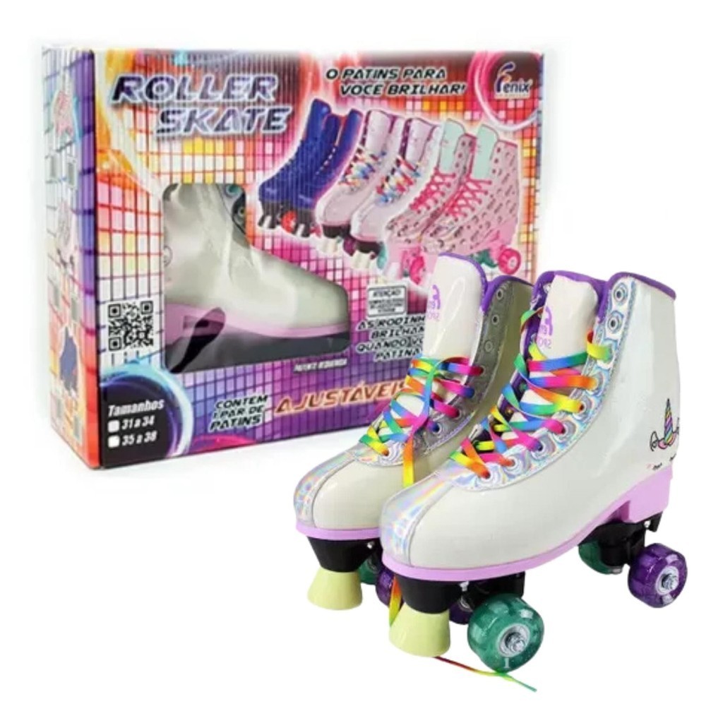 Par de Patins com Luz 4 Rodas Ajustáveis Tamanho 31 a 34 Azul Unicórnio Brinquedos﻿ Suporta até 70Kg - RL-08