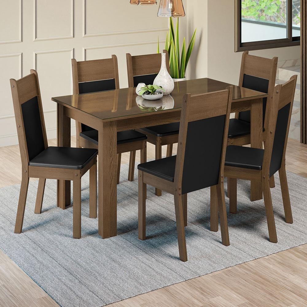 Conjunto Sala de Jantar Mesa Tampo de Vidro 6 Cadeiras Rustic/Preto Zoe Madesa em Oferta na Shopee