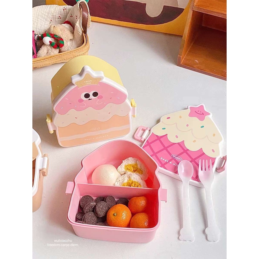 Lancheira Pote Marmita Infantil Divisórias Cupcake Talher Microondas Escolar Adesivo 3D e 2D