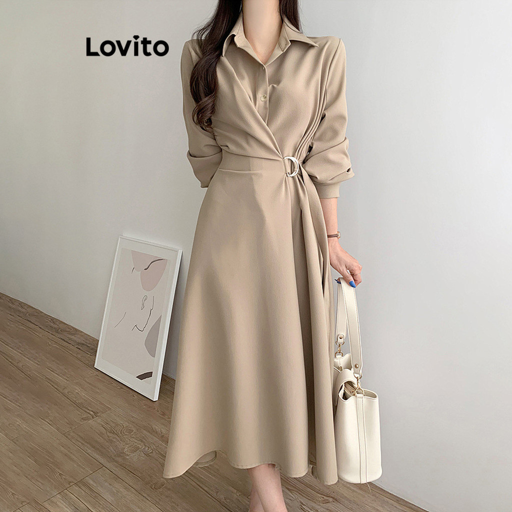 Lovito Casual Vestido Feminino Liso com Cinto de Metal LNA31063 (Damasco) - Women Clothes