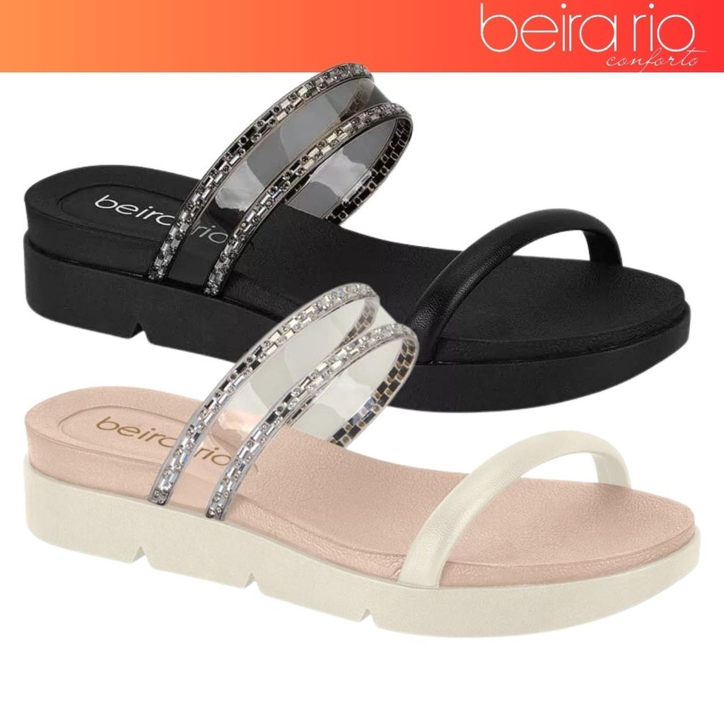 Sandália Tamanco  Feminina Beira Rio Tira Transparente Strass Pedraria Conforto