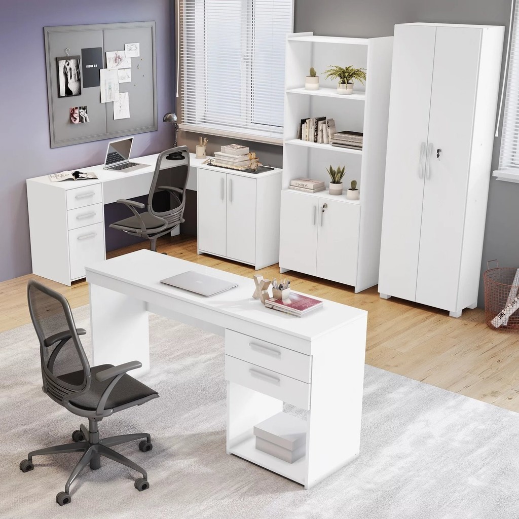 Kit 4 Peças com Mesa para Escritório em L 1, Escrivaninha, Armário Multiuso Aberto e Armár...
