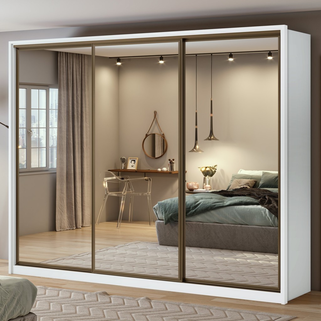Guarda Roupa Casal com 3 Espelhos 3 Portas de Correr 6 Gavetas 270,5cm Spazio Super Glass 100% MDF Branco - Mom & Baby