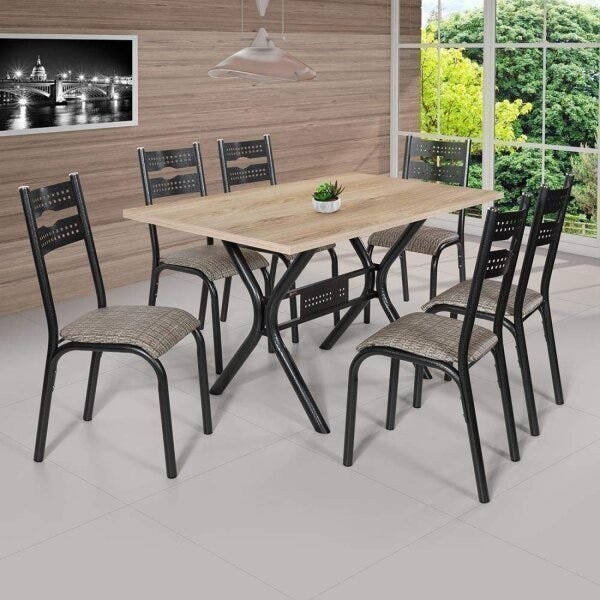 Conjunto de Mesa com 6 Cadeiras Luna  Craqueado Preto/Junco Manteiga em Oferta na Shopee