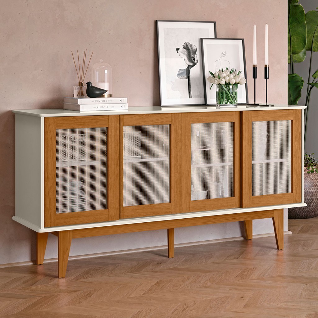 Balcão Buffet Detroit 4 Portas 4 Prateleiras Off White/Nature - Tebarrot em Oferta na Shopee