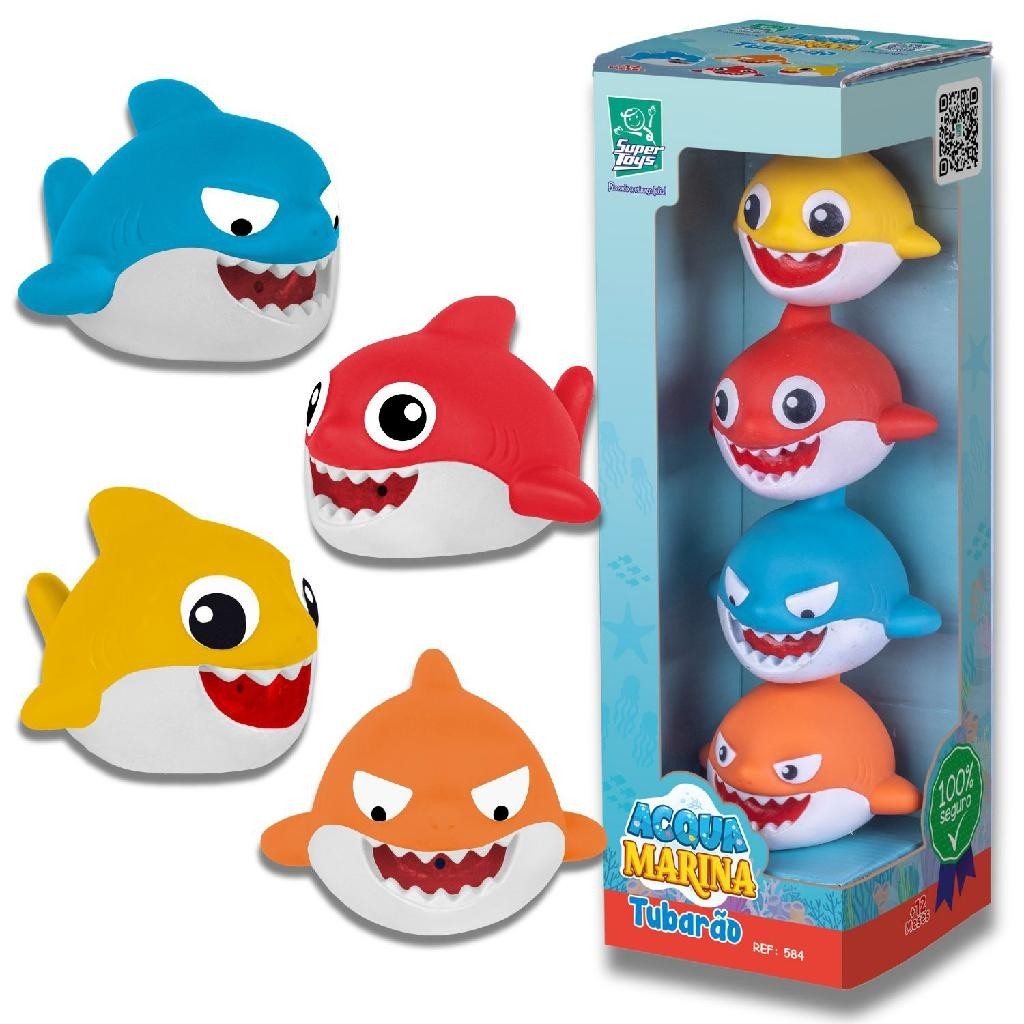 Kit 04 Tubarão Mordedor Banho Soft Para Bebês Brinquedo P/Banheira - Super Toys