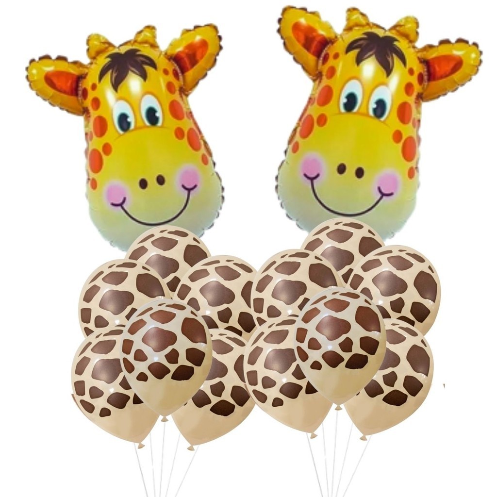 Kit Celebração Safari Girafa: 2 Balões Metalizados Girafa ± 63 Cm + 25 Balões Látex Estampados N9 Girafa