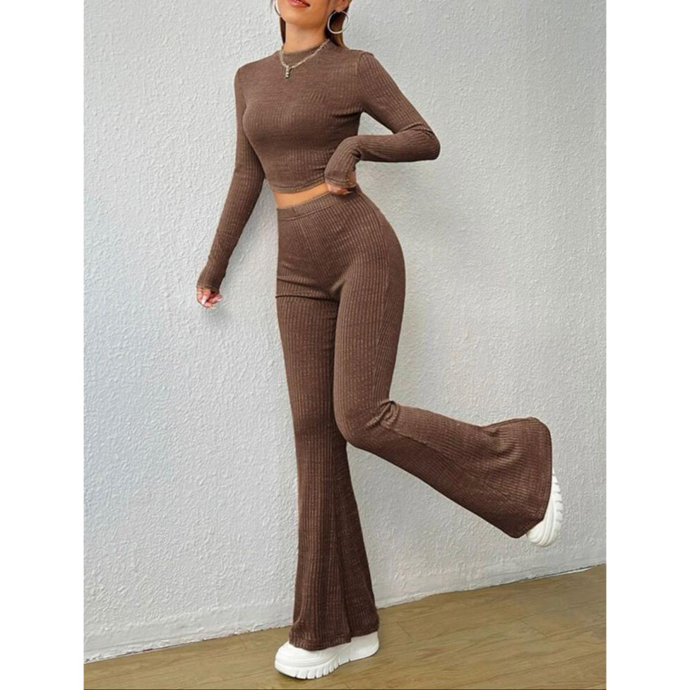 conjunto canelado calça flare feminina cropped manga longa inverno